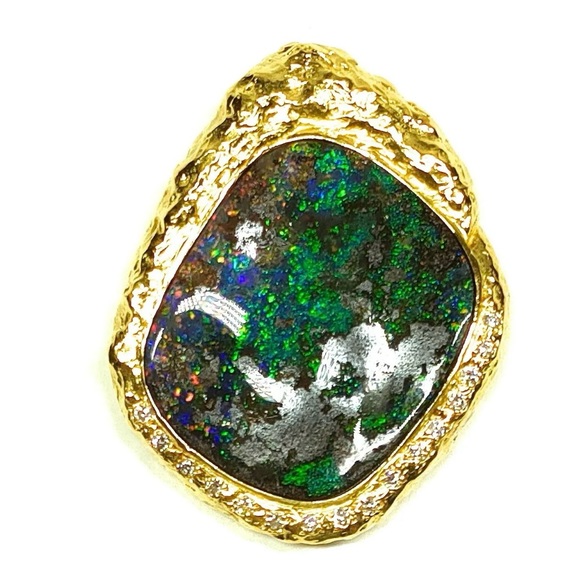 Pristine condition 24.38ct Australian boulder Opal with diamonds, 18K YG - Picture 7 of 16